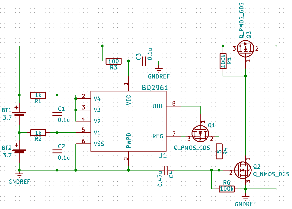 Schematic of BQ296xxx monitoring two cells in series for overvoltage and undervoltage faults. A fault condition closes a high-side switch.