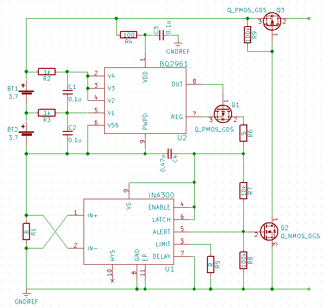 Schematic of the BQ296xxx and INA300 providing overvoltage, undervoltage, and overcurrent protection to two cells in series. Any faults result in the high-side switch being closed.